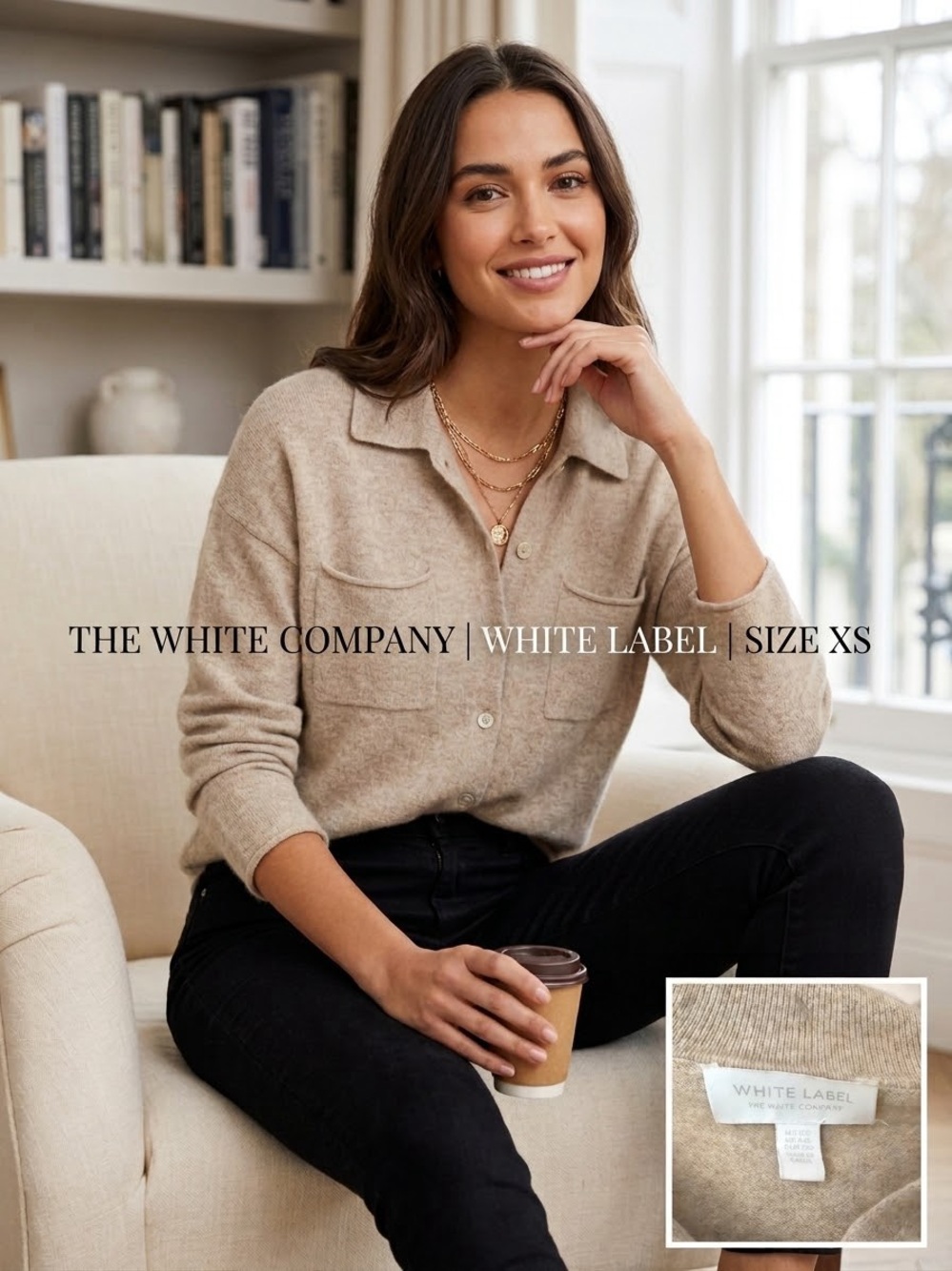 The White Company White Label Cashmere Wool Shirt Cardigan Beige Oatmeal XS